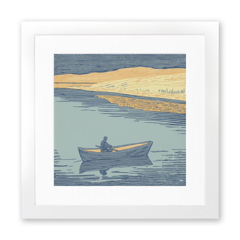 Person rowing boat with reflections Linoprint-Style Art (2498-1)