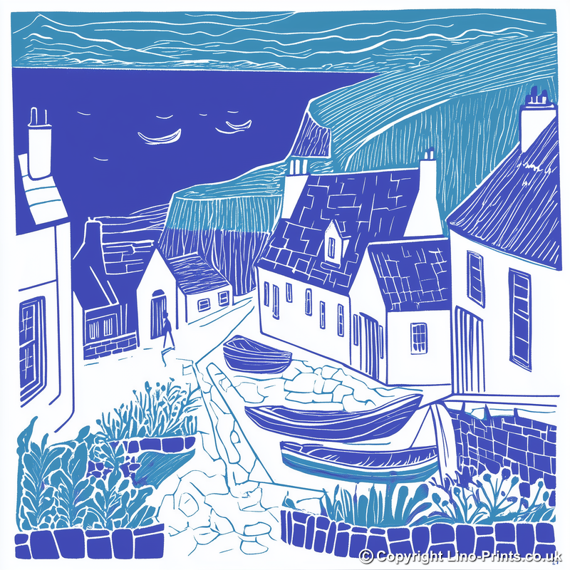 Robin Hood’s Bay, North Yorkshire Linoprint-Style Art (1104-1)