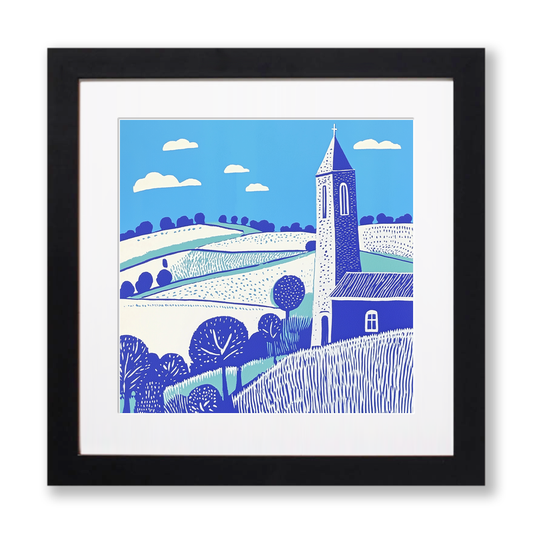 Church tower rising from flat fields Linoprint-Style Art (1769-1)
