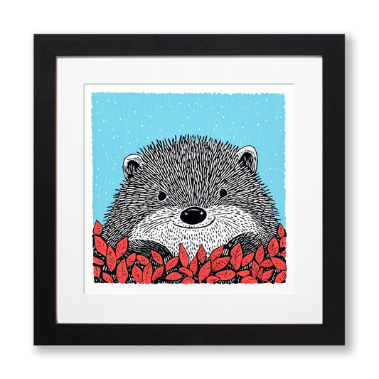 Hedgehog in autumn leaves Linoprint-Style Art (717-1)