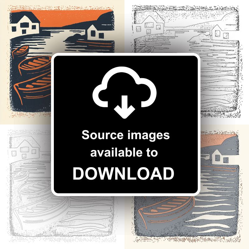 Reflections of boats in still harbour Linoprint-Style Art (2021-1)