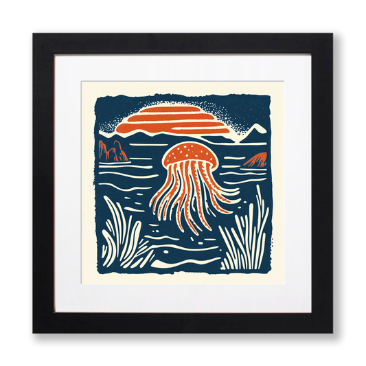 Jellyfish drifting in deep water Linoprint-Style Art (96-2)