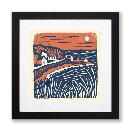 Bigbury-on-Sea and Burgh Island, Devon Linoprint-Style Art (125-1)