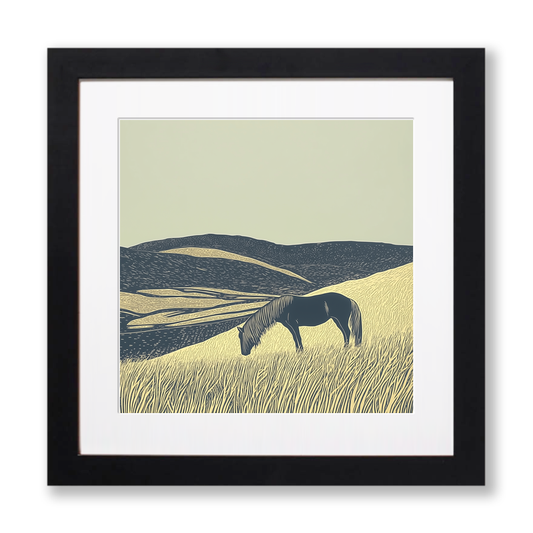 Fell pony silhouette grazing Linoprint-Style Art (2425-1)