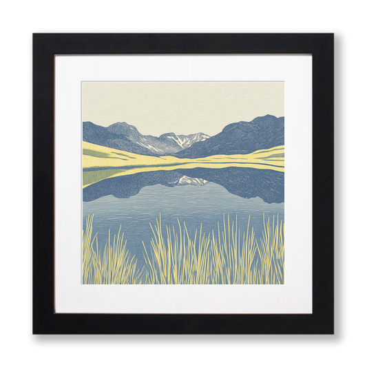 Blea Tarn reflections of Langdales Linoprint-Style Art (2362-3)