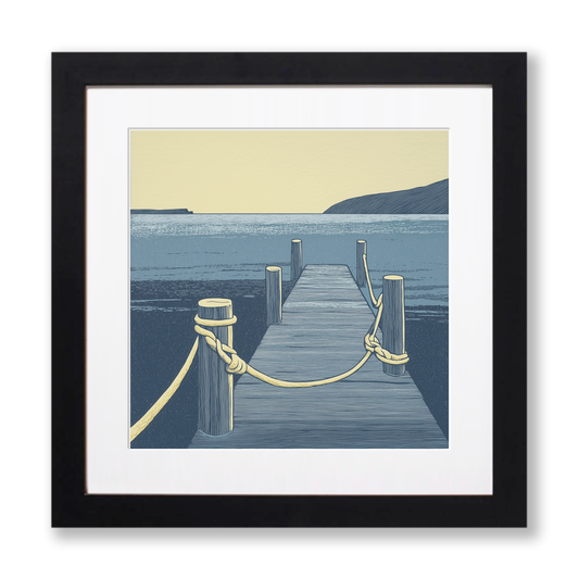 Jetty with mooring posts and ropes Linoprint-Style Art (2464-1)