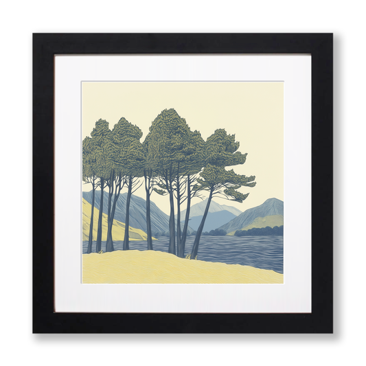 Pine trees silhouette on a lake island (e.g., Derwentwater) Linoprint-Style Art (2504-5)