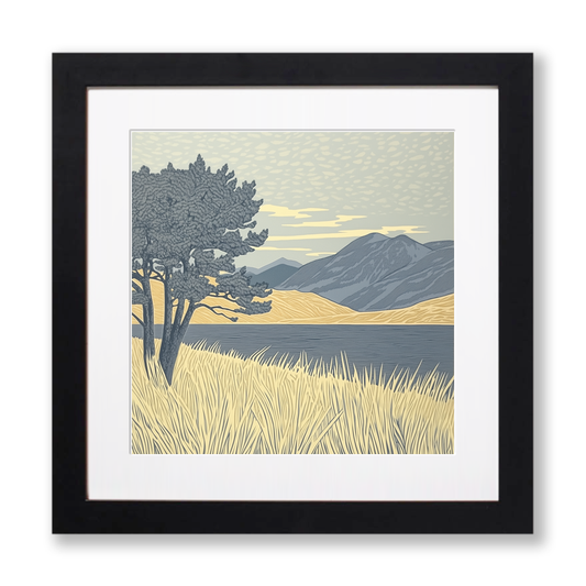 Buttermere lone pines in the Lake District Linoprint-Style Art (2378-2)