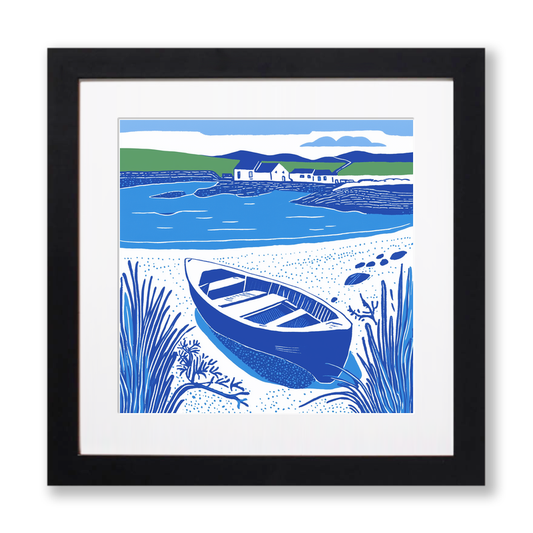 Beached dinghy in the mud Linoprint-Style Art (1759-2)