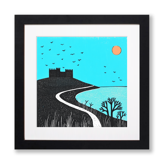 Bamburgh Beach and Castle, Northumberland Linoprint-Style Art (785-2)