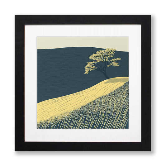 Lone windswept tree silhouette on a hill Linoprint-Style Art (2480-1)