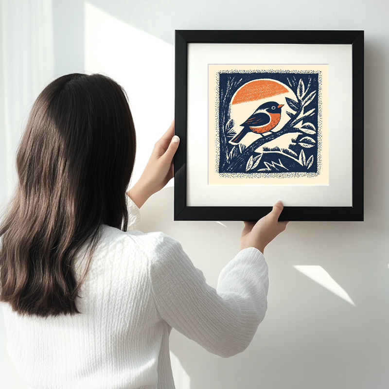 Cute Baby Robin Linoprint-Style Art (45-1)