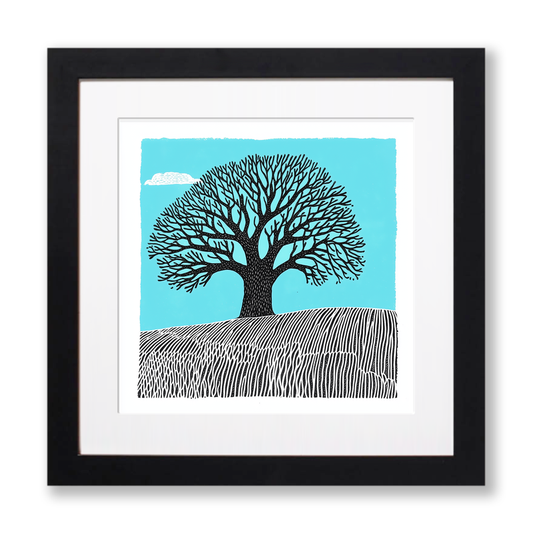 Ancient oak in a Norfolk field Linoprint-Style Art (2255-1)