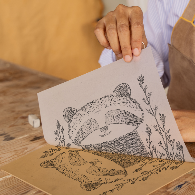 Cute Raccoon Kit Linoprint-Style Art (640-2)