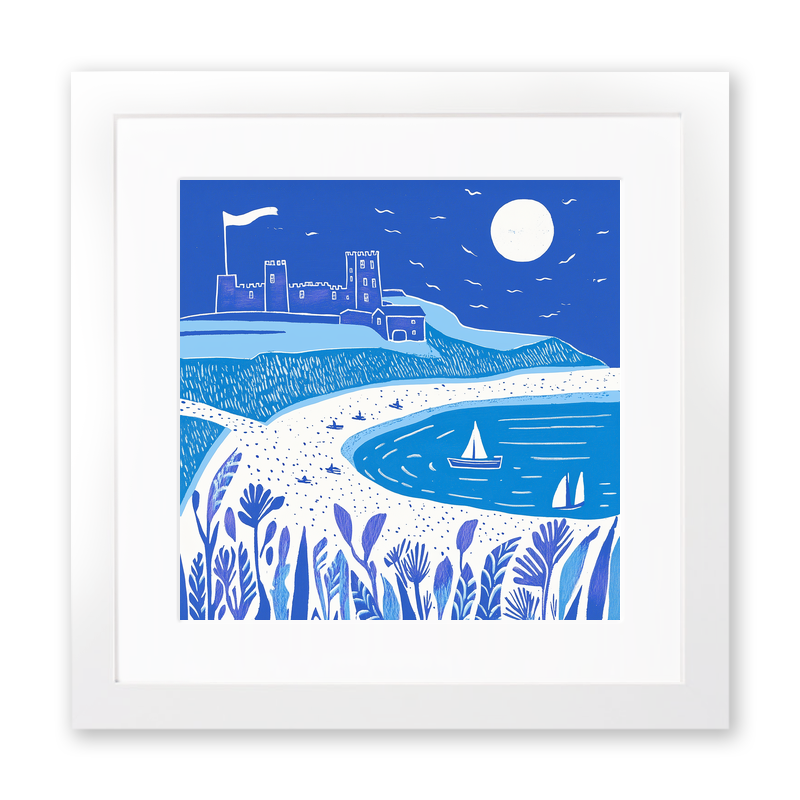 Bamburgh Beach and Castle, Northumberland Linoprint-Style Art (1076-2)