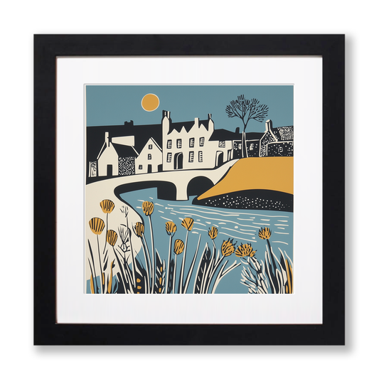 Bourton-on-the-Water, Cotswolds Linoprint-Style Art (1130-1)