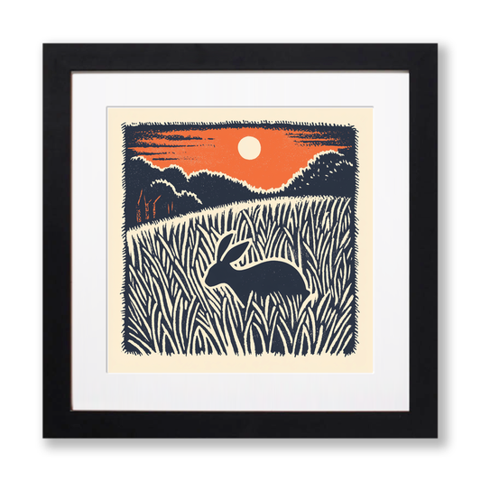 Hare in long grass Linoprint-Style Art (93-1)