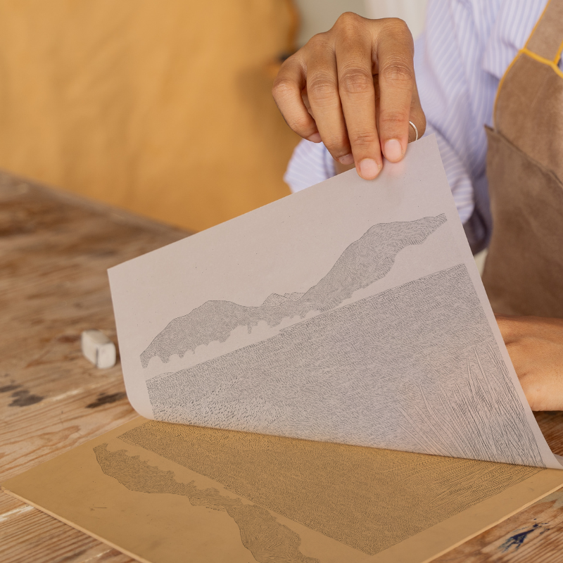 Derwentwater jetties and islands Linoprint-Style Art (2405-2)