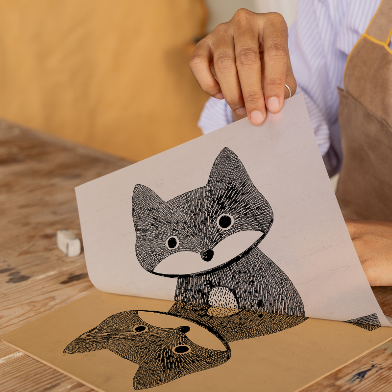 Cute Arctic Fox Pup Linoprint-Style Art (607-2)
