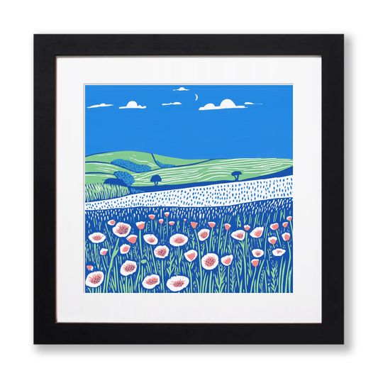 Field of poppies near Snettisham Linoprint-Style Art (1784-2)