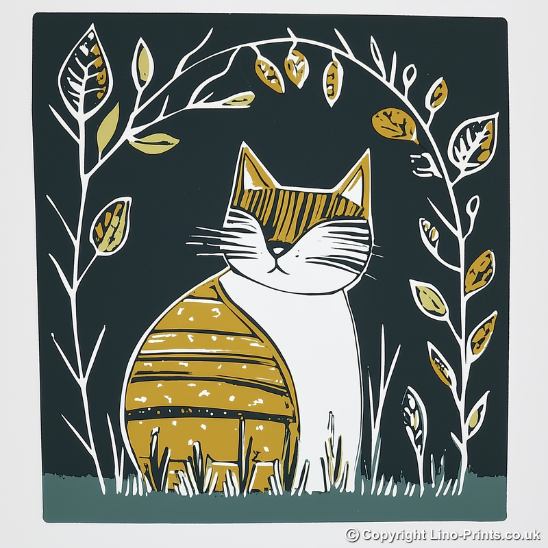 Cute Kitten Linoprint-Style Art (1209-1)