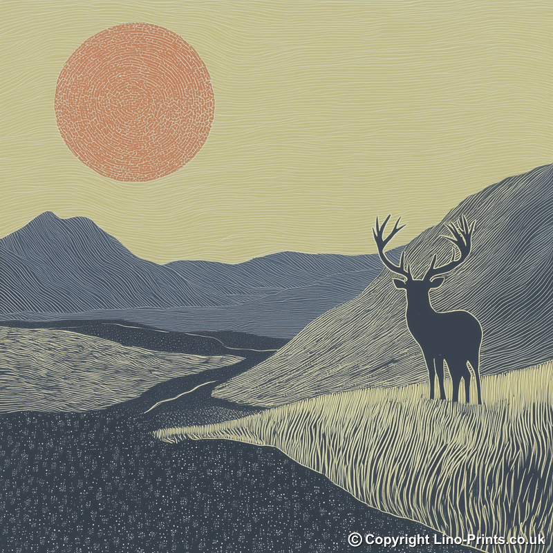 Stag silhouette on a ridge line Linoprint-Style Art (2559-3)
