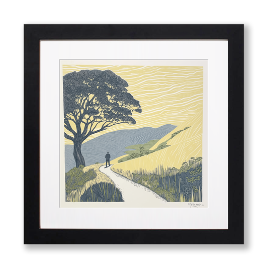 Wall silhouette leading towards a silhouetted tree Linoprint-Style Art (2593-4)