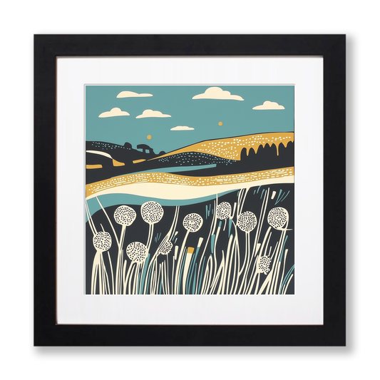 Dandelions by roadside verge Linoprint-Style Art (1879-1)