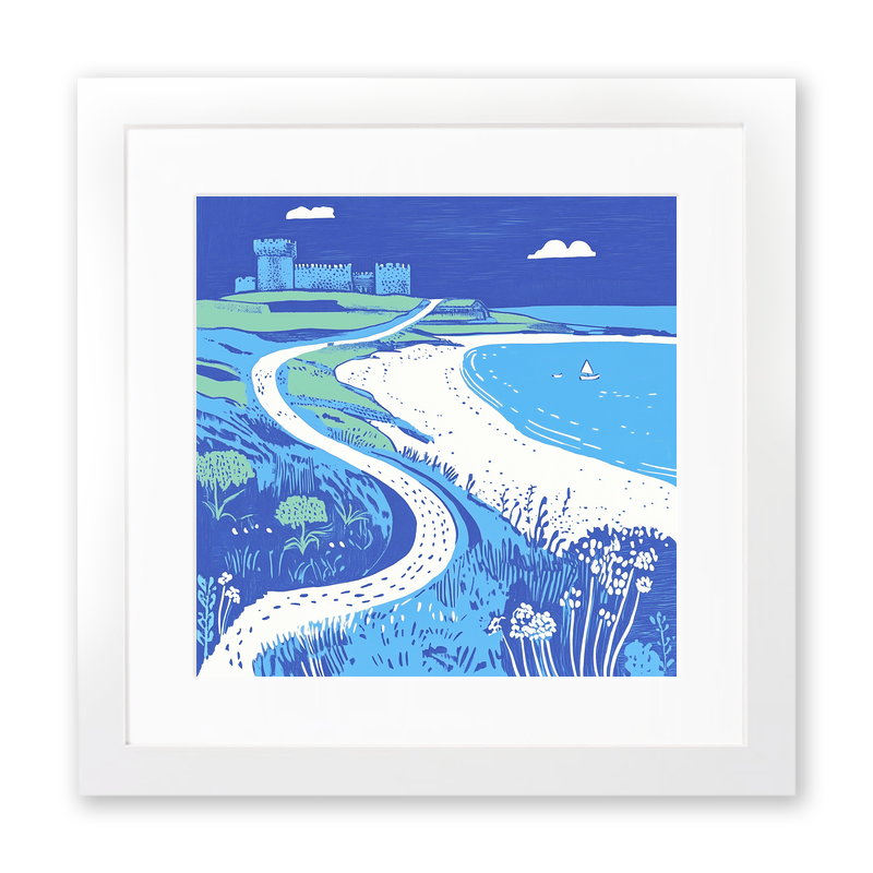 Bamburgh Beach and Castle, Northumberland Linoprint-Style Art (1076-1)