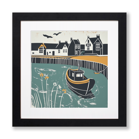Whitby Harbour, North Yorkshire Linoprint-Style Art (1394-3)