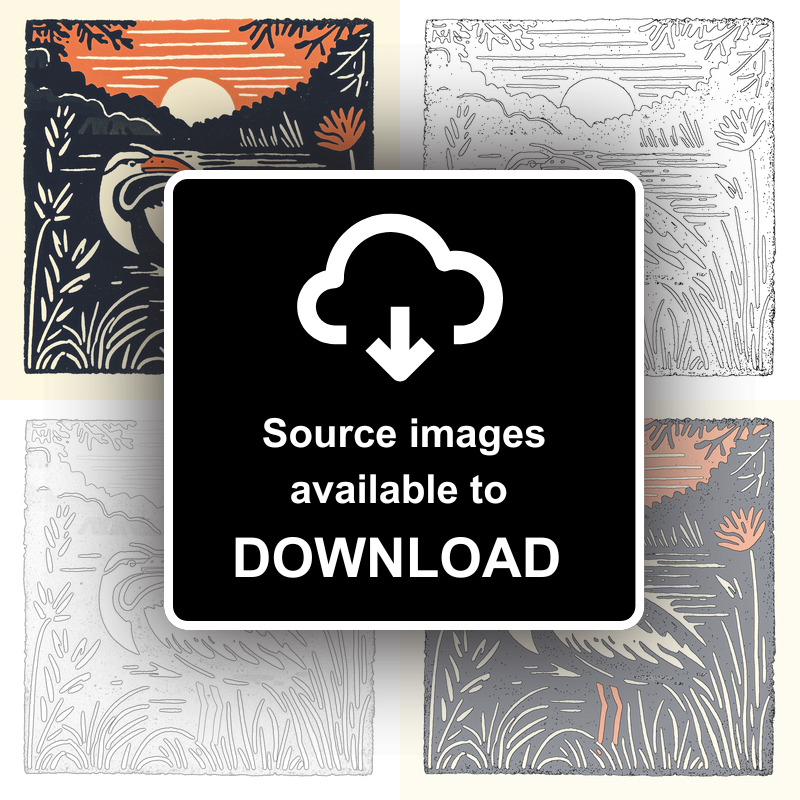 Heron in marshland Linoprint-Style Art (95-1)