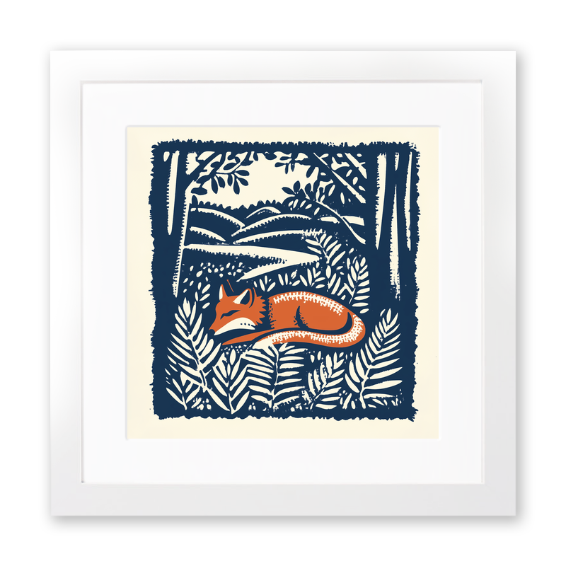 Ferns with resting fox Linoprint-Style Art (90-1)