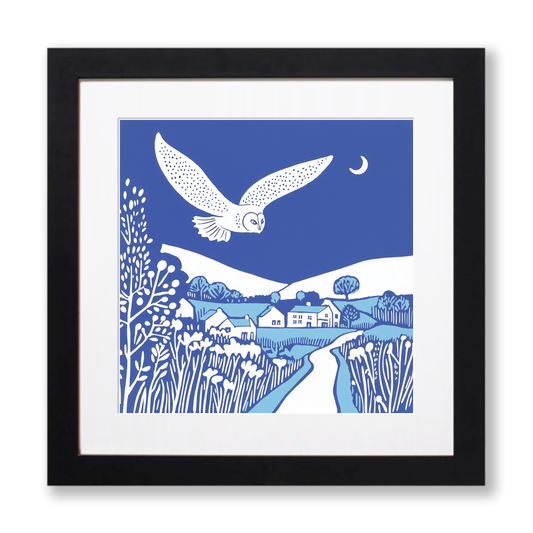 Norfolk barn owl in mid swoop Linoprint-Style Art (1808-1)