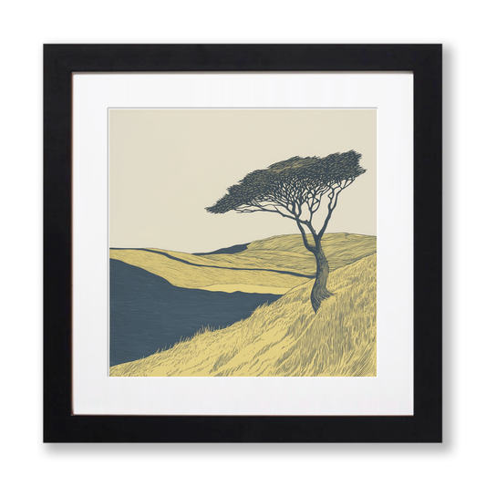Lone windswept Hawthorn tree Linoprint-Style Art (2479-2)