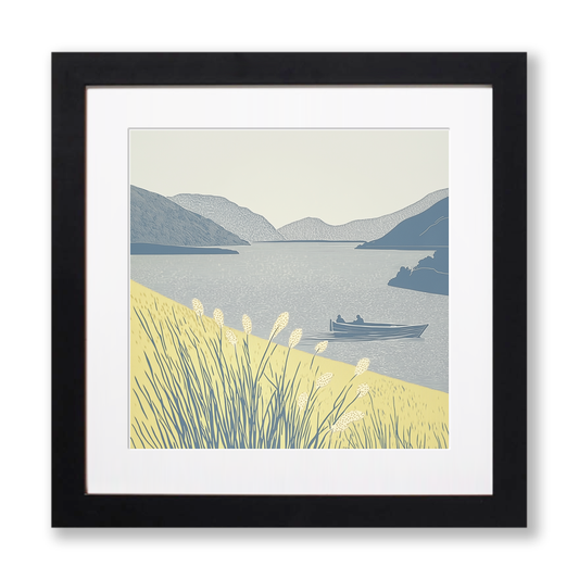 Coniston launch near Brantwood shore Linoprint-Style Art (2391-1)