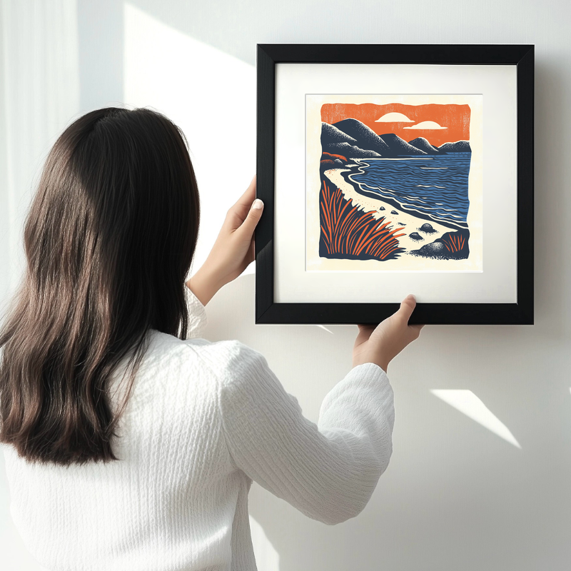 Camusdarach Beach, Arisaig Linoprint-Style Art (128-2)