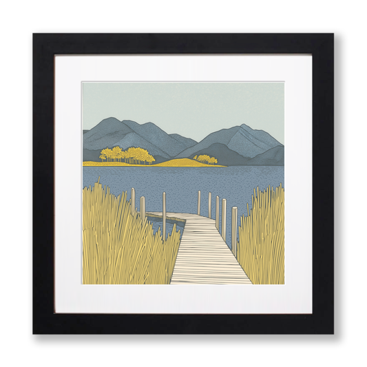 Derwentwater jetties and islands Linoprint-Style Art (2405-1)