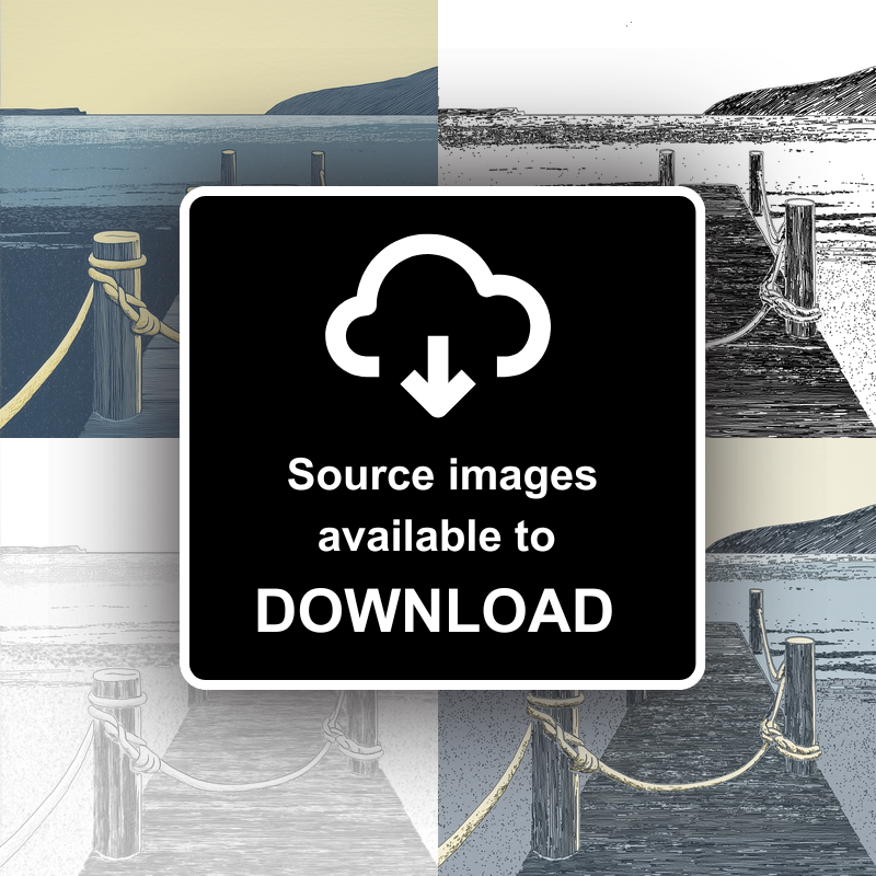 Jetty with mooring posts and ropes Linoprint-Style Art (2464-1)