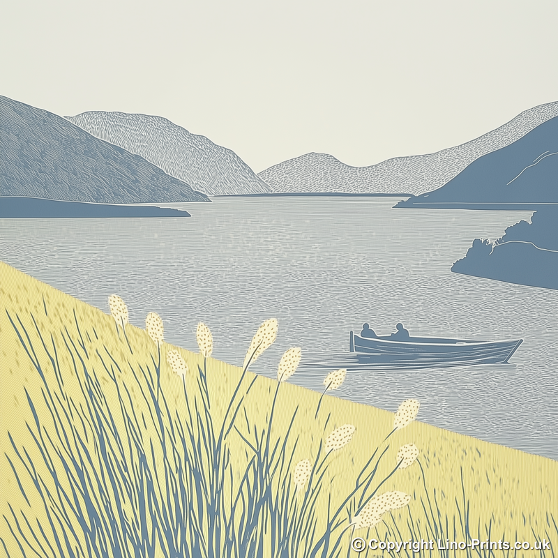 Coniston launch near Brantwood shore Linoprint-Style Art (2391-1)