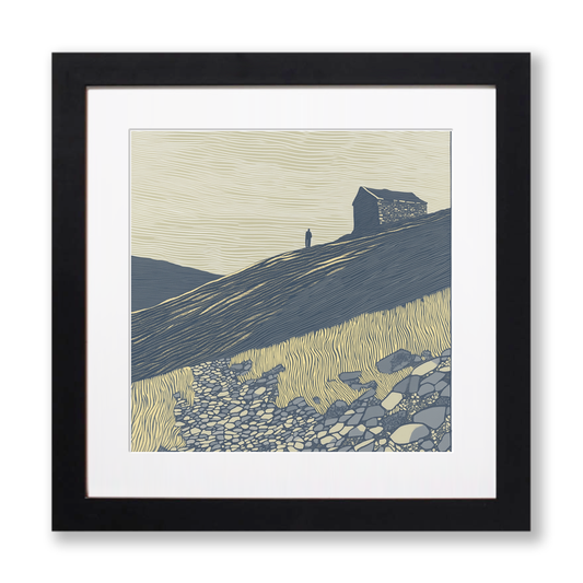 Ruin silhouette on a fellside Linoprint-Style Art (2525-1)