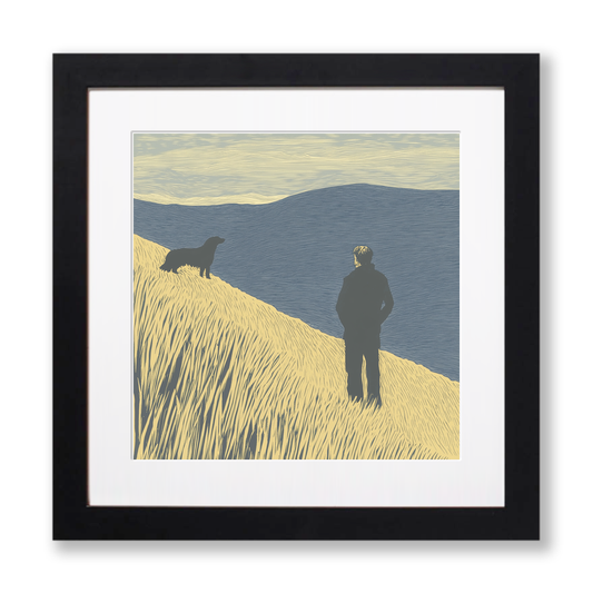 Shepherd and sheepdog silhouette Linoprint-Style Art (2545-4)