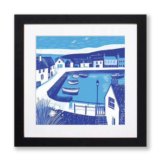 Seahouses Harbour, Northumberland Linoprint-Style Art (1107-1)