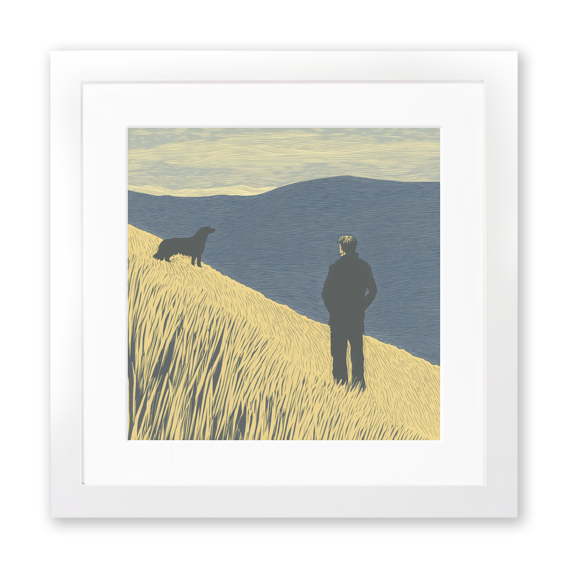 Shepherd and sheepdog silhouette Linoprint-Style Art (2545-4)