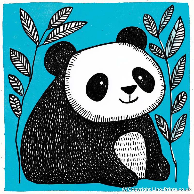 Cute Panda Cub (Giant Panda) Linoprint-Style Art (635-1)
