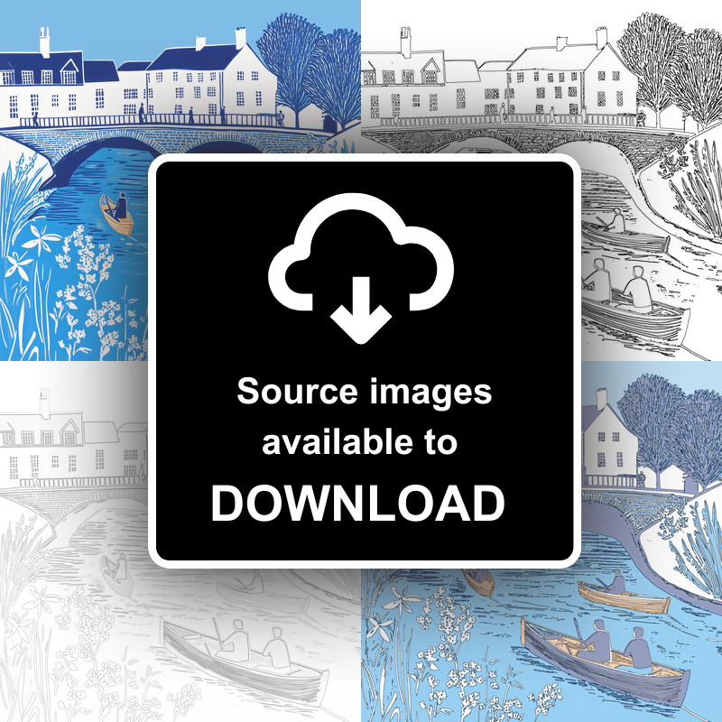 Cambridge punts and bridges Linoprint-Style Art (841-1)