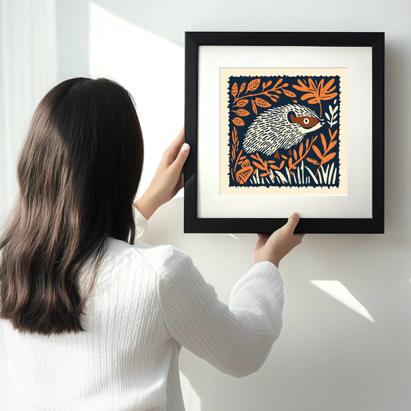 Hedgehog in autumn leaves Linoprint-Style Art (94-2)