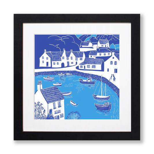Polperro Harbour, Cornwall Linoprint-Style Art (1098-3)