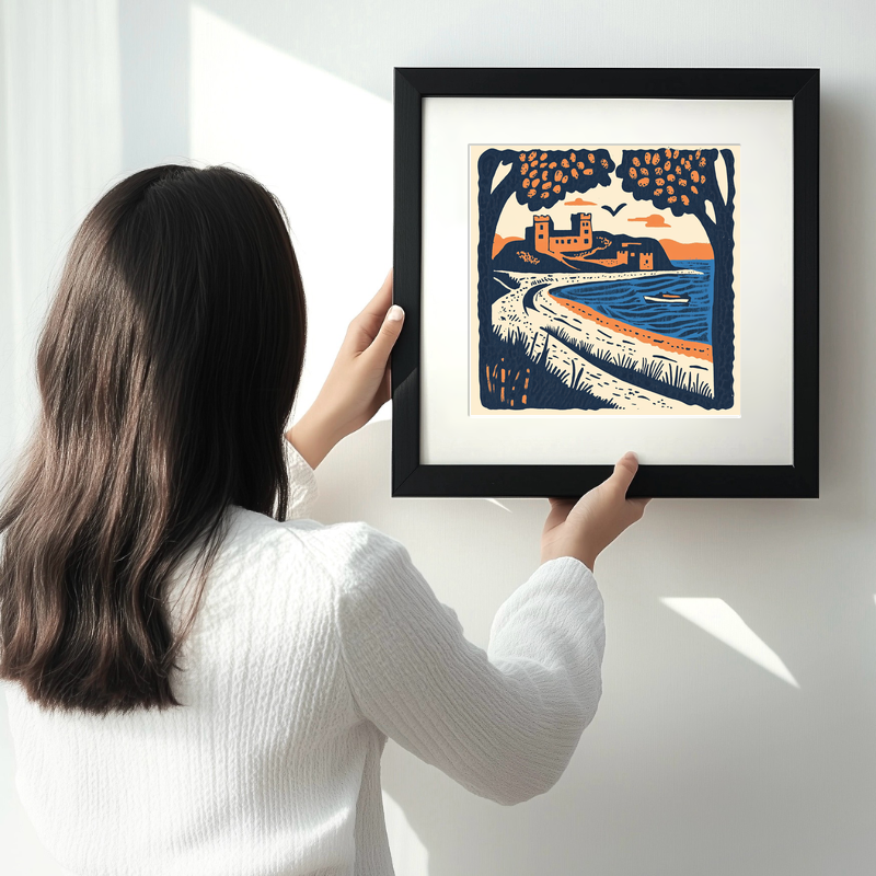 Bamburgh Beach and Castle, Northumberland Linoprint-Style Art (122-1)