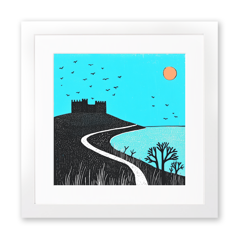 Bamburgh Beach and Castle, Northumberland Linoprint-Style Art (785-2)