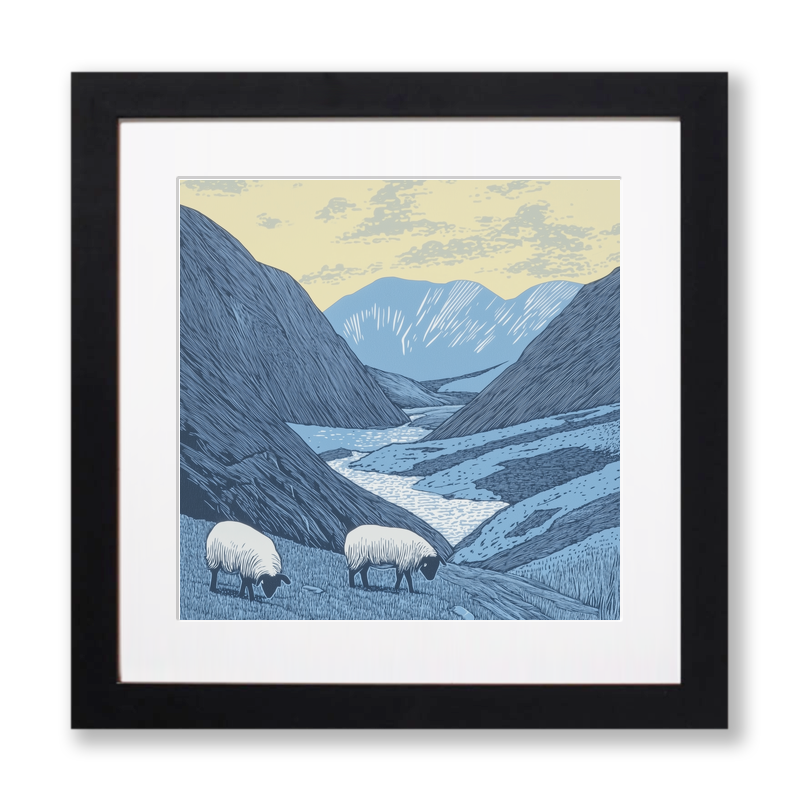 Sheep grazing below silhouetted crags Linoprint-Style Art (2541-2)